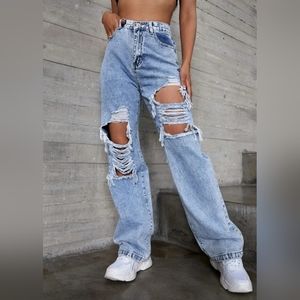 SHEIN HIGH WAISTED DISTRESSED/RIPPED STONE WASH JEANS WOMEN'S SIZE 6